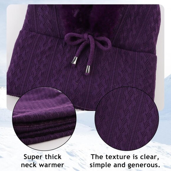 Women Purple Polyester Warm Thick Fluff Beanie Adult Neck Face Winter Balaclava - Picture 6 of 7